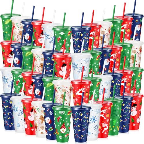 Chuangdi 48Pcs Christmas Cups with Lids & Straws - 24oz, White/Red/Green/Blue, Includes Santa, Snowflake, Gingerbread Designs