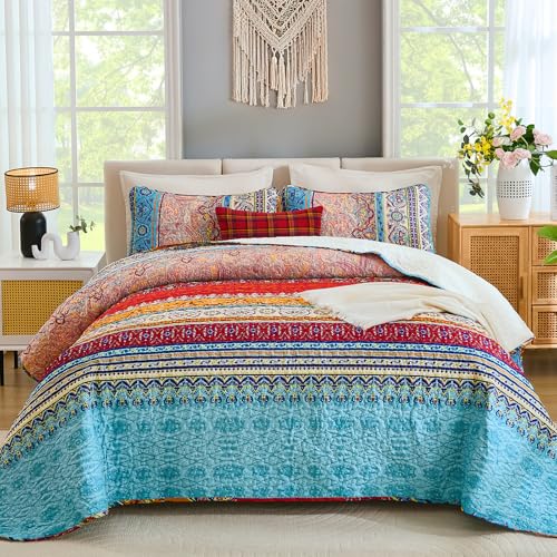 WONGS BEDDING Boho Queen Quilt Set - 3-Piece Lightweight Bedspread Coverlet