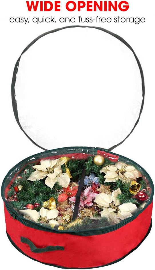 Primode Christmas Wreath Storage Bag - Extra Large 48" Container with Clear Window | Durable 600D Oxford Material | Red