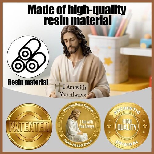 Little Jesus | Mini Handmade Sitting Jesus Figurine - Inspirational "I Am With You Always" Sign, Small Resin Decor for Office or Car Dashboard