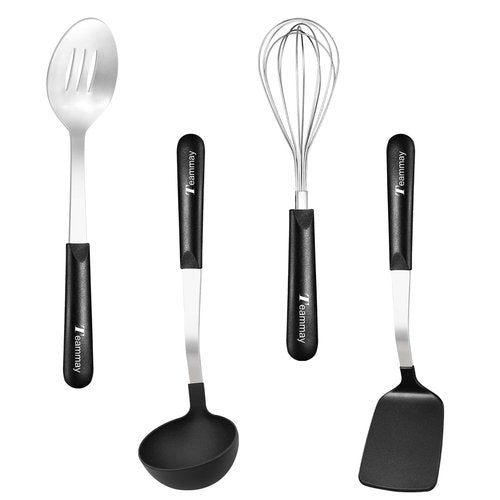 Teammay 4-Piece Nylon Cooking Utensil Set - Heat-Resistant, Dishwasher Safe Kitchen Tools with Stainless Steel & PP Hybrid Handle for Nonstick Cookware (Ladle, Spatula, Slotted Spoon, Whisk)
