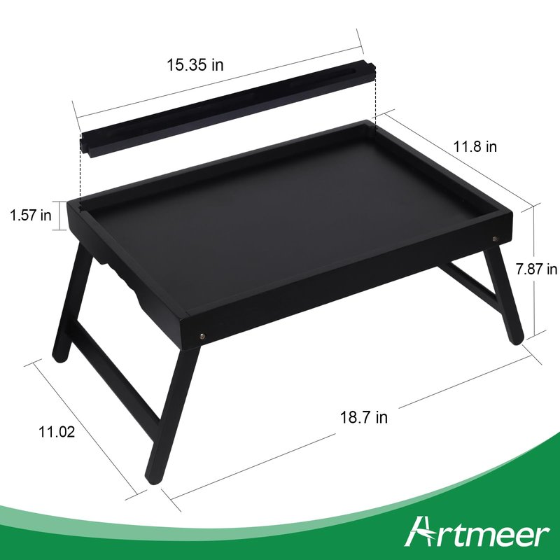 Artmeer Bamboo Bed Tray Table with Folding Legs, Phone/Tablet Holder, Foldable Breakfast Table, Laptop Desk (Black, Medium)