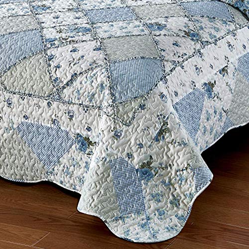 VIVILINEN Blue Floral Patchwork Quilt Set - 3 Piece Full/Queen Bedspread