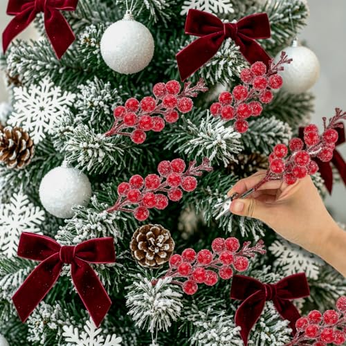 Fangoo 20Pcs Artificial Snowy Red Berry Stems with Clips – Snow Red-15berry