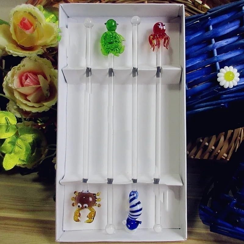 LiuliuBull Multicolor Glass Cocktail Swizzle Sticks 4pcs - Ocean Sea Creatures Decor