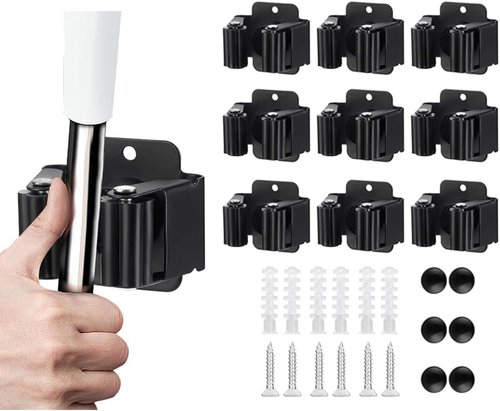 JAMEND Heavy-Duty Broom and Mop Holder - 9PCS Wall-Mounted Organizer Rack in Matte Black