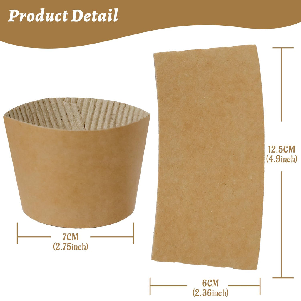 WETPYAKS 500 Pcs Coffee Sleeves, Brown Corrugated Kraft Paper Coffee Cup Sleeves Disposable for 12oz/16oz/20oz/22oz/24oz Hot/Cold Drinks, Recyclable Cup Sleeve for Cafes, Offices & Coffee Shops