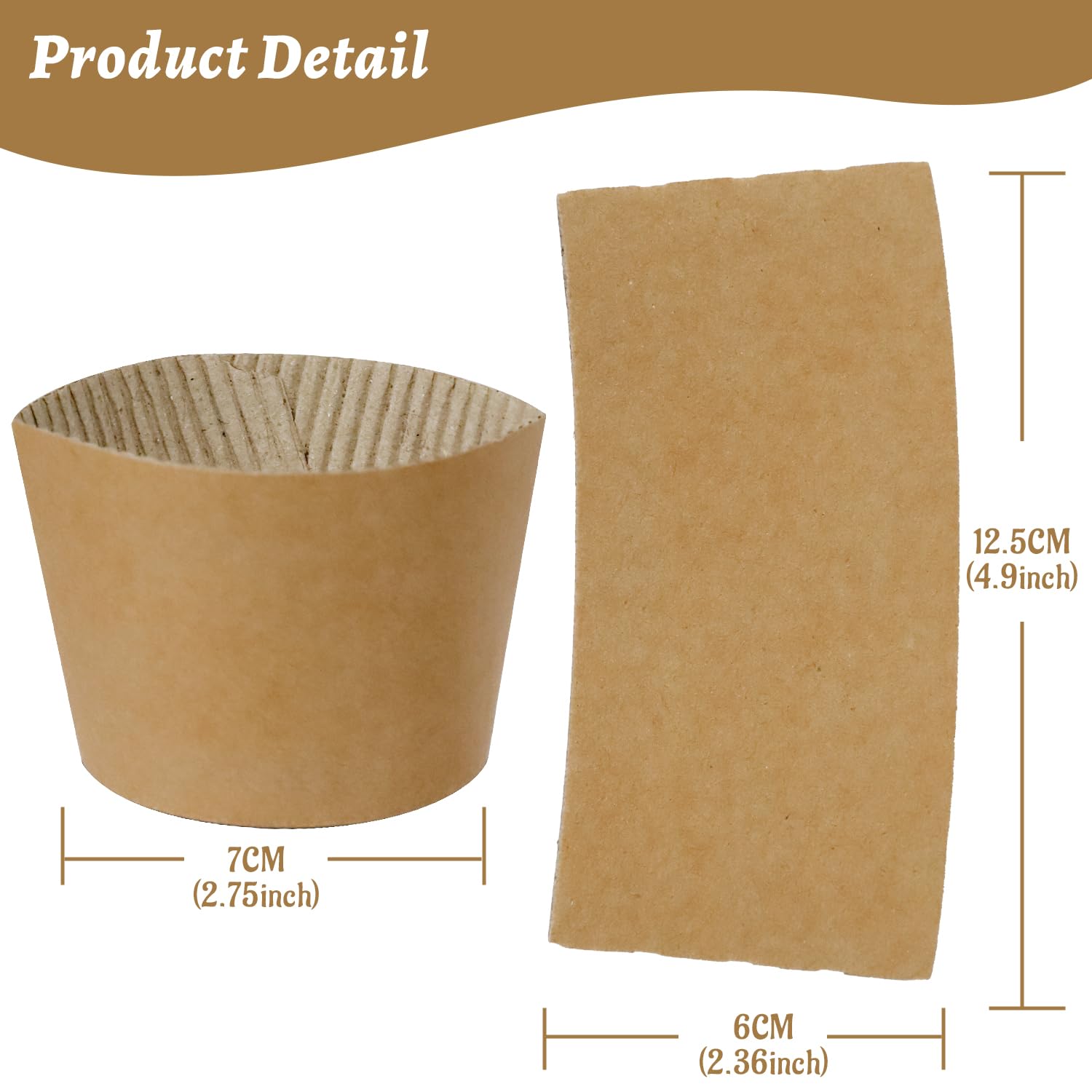 WETPYAKS 500 Pcs Coffee Sleeves, Brown Corrugated Kraft Paper Coffee Cup Sleeves Disposable for 12oz/16oz/20oz/22oz/24oz Hot/Cold Drinks, Recyclable Cup Sleeve for Cafes, Offices & Coffee Shops