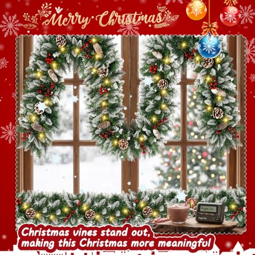 Christmas Garland with Lights - 9 Ft White with 50 LEDs, 9 Modes