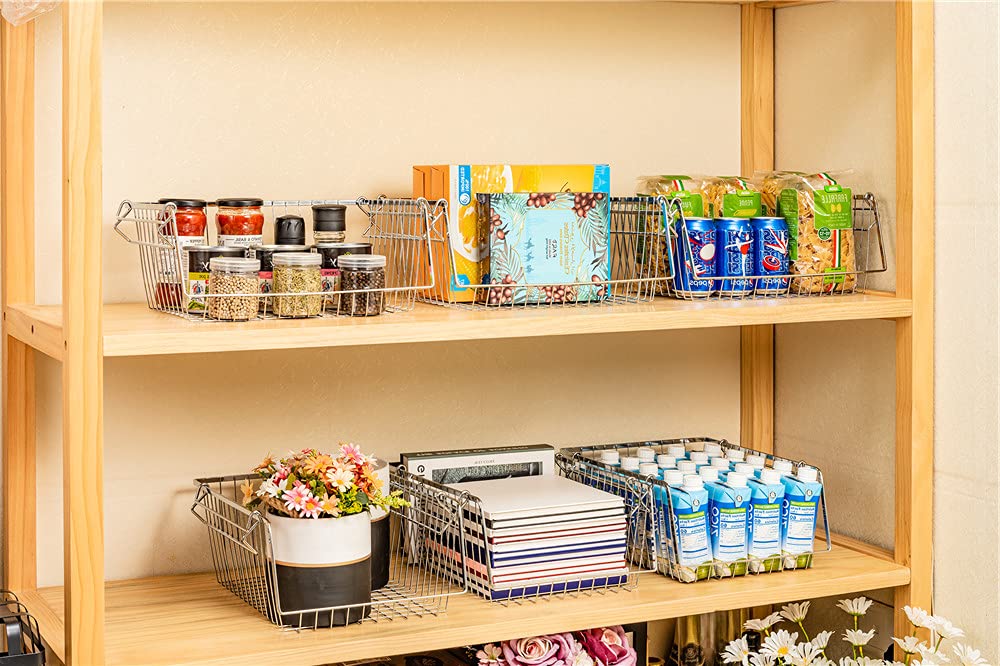 SANNO Stacking Baskets Bin Baskets Wire Storage Baskets Organization Farmhouse Scoop Baksket for Pantry, Kitchen, Closets, Bathroom, Cabinets, Kitchen, Set of 3