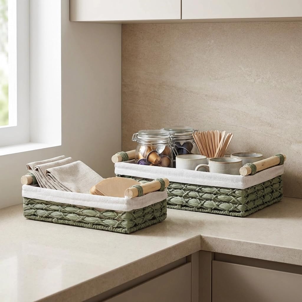 Regine Switzerland Set of 2 Green Bathroom Basket Organizers - Wicker Storage Baskets with Liner & Wooden Handles for Towels & Toiletries