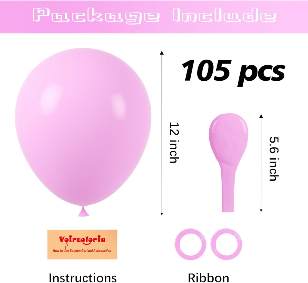 Voircoloria 105pcs Pink Balloons - 12-Inch Party Latex Balloons for Birthday & Baby Showers