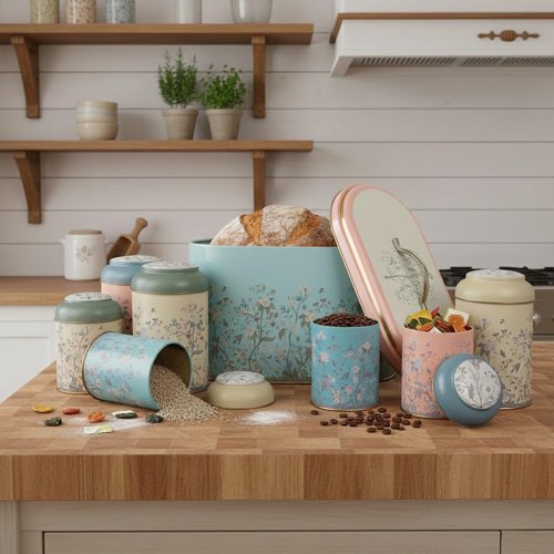 Maria Roma 7-Piece Kitchen Bread Box & Canister Set - Vintage Rustic Design for Bread, Sugar, Coffee, Tea