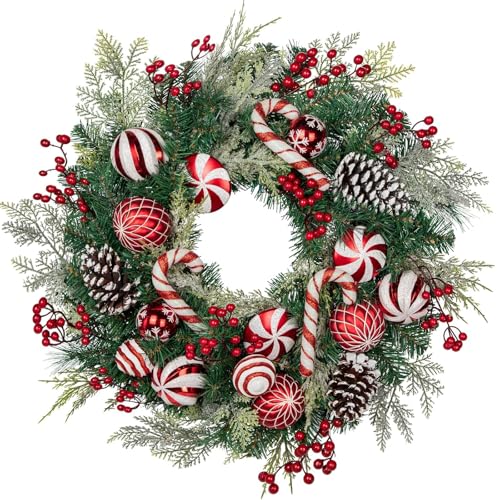 Red 24-Inch Christmas Door Wreath with Candy Canes Pinecones Berries - Indoor & Outdoor Decor