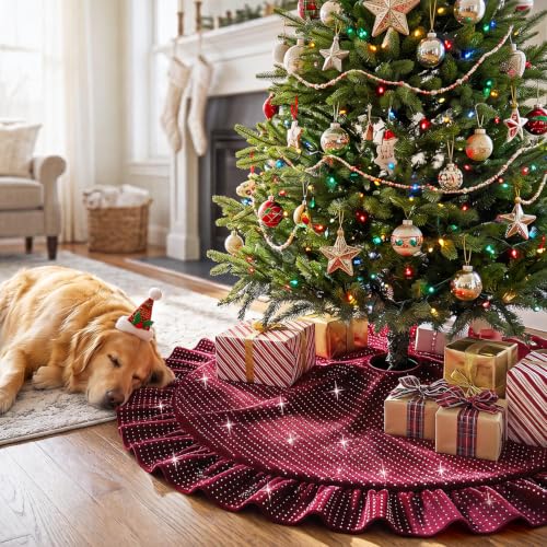 FANPROMS Burgundy Christmas Tree Skirt 60 Inch Sequin Ruffled Holiday Decor