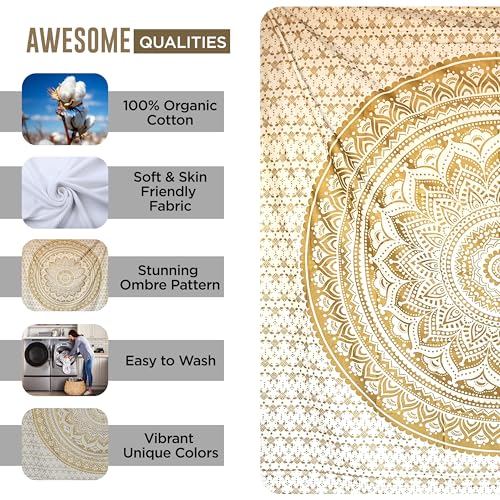 Boho Mandala Tapestry Wall Hanging - White Gold Bedroom Decor (30x40 Inches)