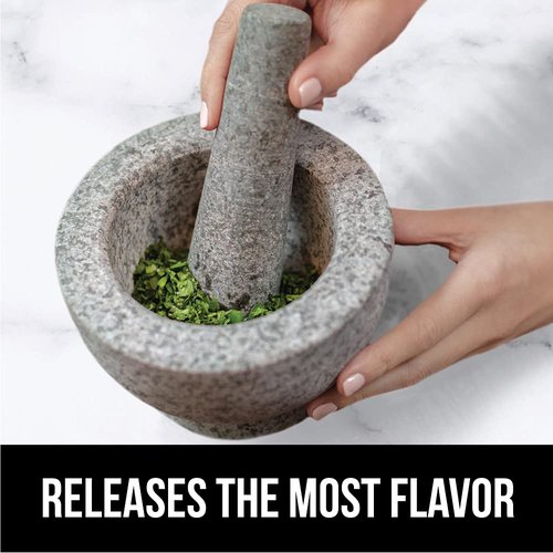 GORILLA GRIP 100% Natural Granite Stone Mortar and Pestle Set, 2 Cup, Non-Scratch Base, Heavy Duty Unpolished Molcajete Guacamole Salsa Bowl, Grind Seeds, Garlic, Herbs, Spices, Kitchen Muddler, Gray