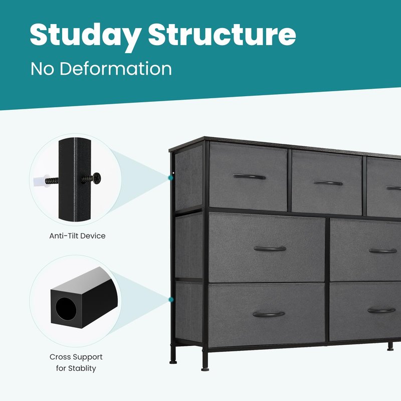 OLIXIS Dresser for Bedroom, 7 Storage Drawers, Wide Fabric Closet Chests Organizer Tower Furniture, TV Stand with Wooden Top Metal Frame for Clothes, Living Room, Hallway, Entryway, Grey