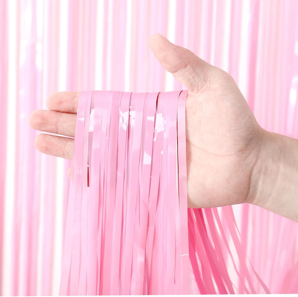Voircoloria Foil Fringe Backdrop Curtains - 3 Pack Tinsel Streamers in Pastel Pink | Perfect for Parties, Graduations, and Baby Showers