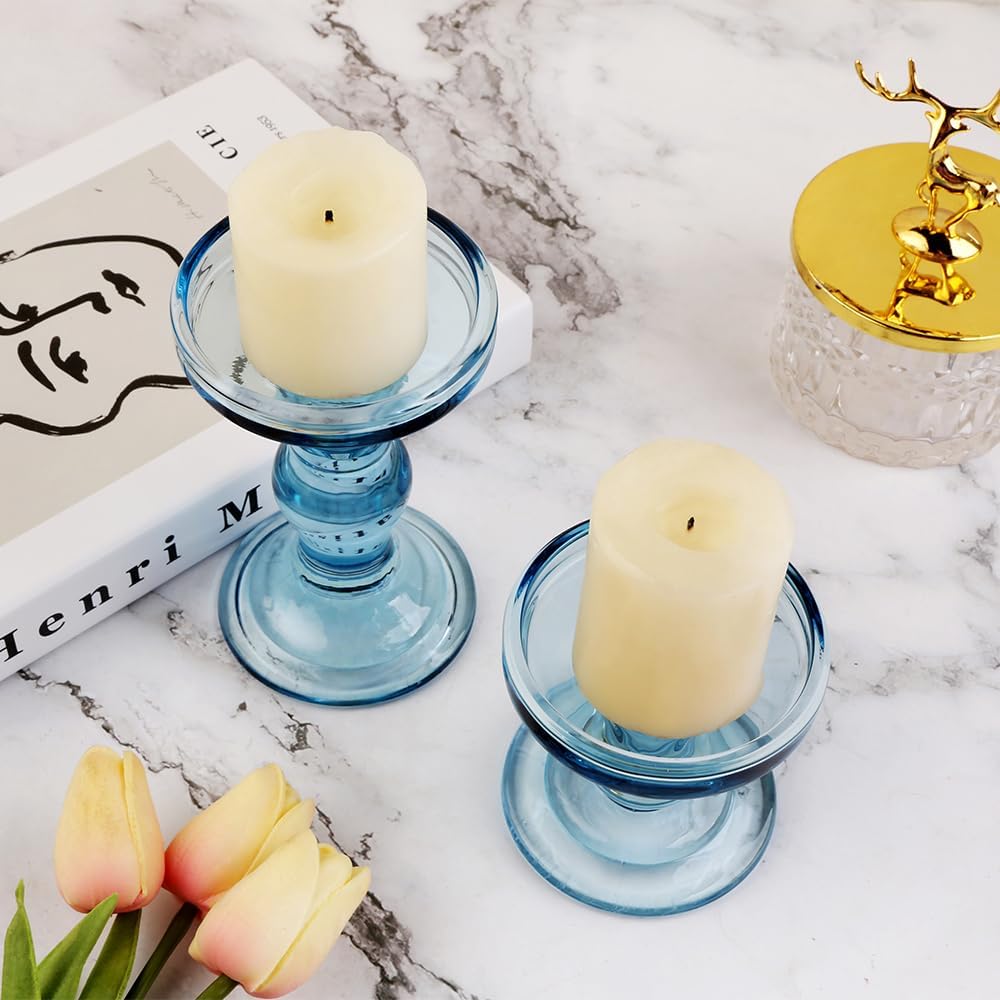 Skiennix 3-Piece Blue Glass Candlestick Set - Elegant Crystal Holders for Weddings & Home Decor