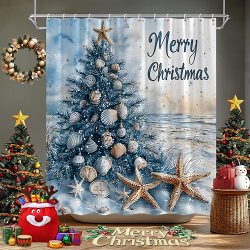 FAXTOZ Christmas Shower Curtain 70x70 Inches Coastal Watercolor Tree Shells Starfish
