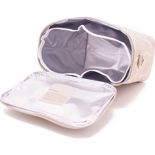 SoYoung Lunch Poche - Insulated Lunch Bag for Work, Travel & Picnic, Aesthetic Design, Linen/Cotton, Machine Washable, Detachable Strap - White Abstract Lines
