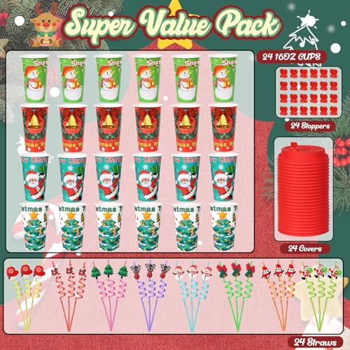 AFZMON 24 Sets Christmas Party Cups with Lids and Silly Straws - Bulk 16oz