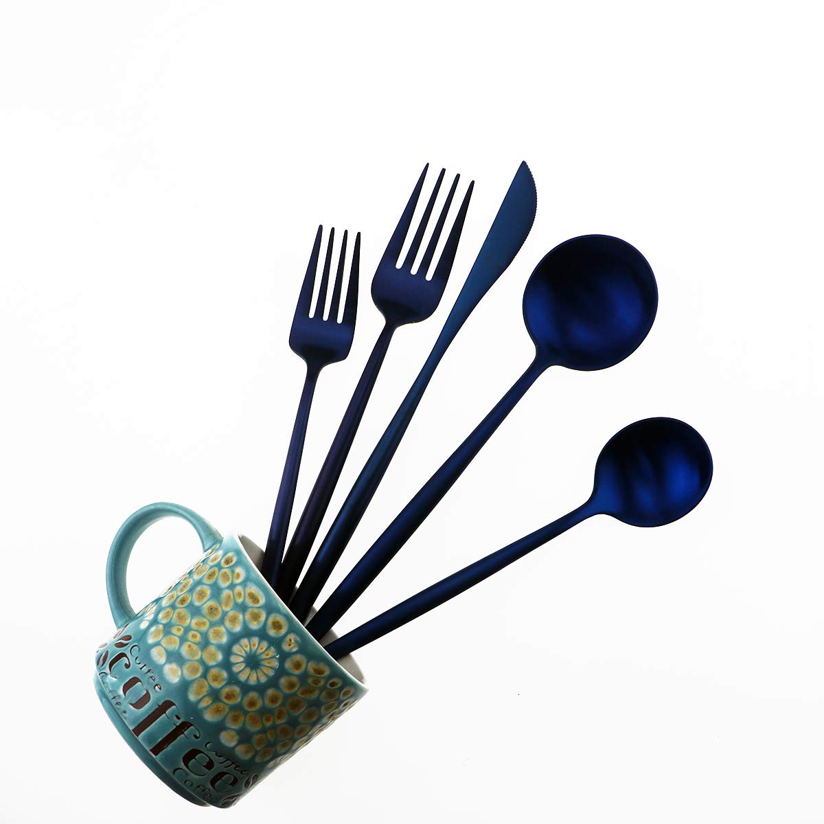 Matte Blue Gugrida 5-Piece 18/10 Stainless Steel Silverware Set, Satin Finish Flatware, Kitchen Utensils, Tableware Travel Cutlery for Camping, Office or School Lunch, Dishwasher Safe