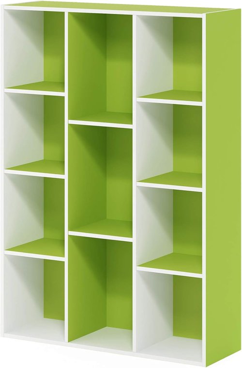 Furinno LUDER Bookshelf - 11-Cube Reversible Bookcase for Easy Assembly | White/Green, 9.4 x 29.1 x 41.7