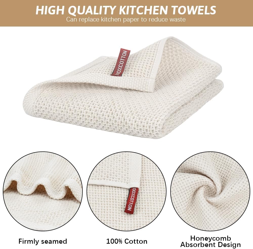 Nialnant Kitchen Towels - 100% Cotton Waffle Weave, Extra Soft & Absorbent - 6 Pack, Beige, 13 x 28 Inch