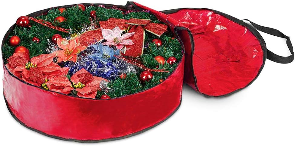ProPik Christmas Wreath Storage Bag - Heavy-Duty Tear Resistant Holiday Container | 24” X 8” (Red)