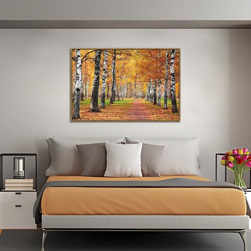 autumn forest canvas wall art: fall forest picture Golden woods landscape artwork wall decor - nature tree pictures with pathway prints for living room 45"x30"