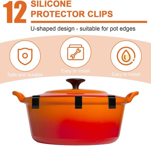 Gosknor Dutch Oven Lid Protector Clips - 12-Piece Silicone Set for Round & Oval Lids - Black