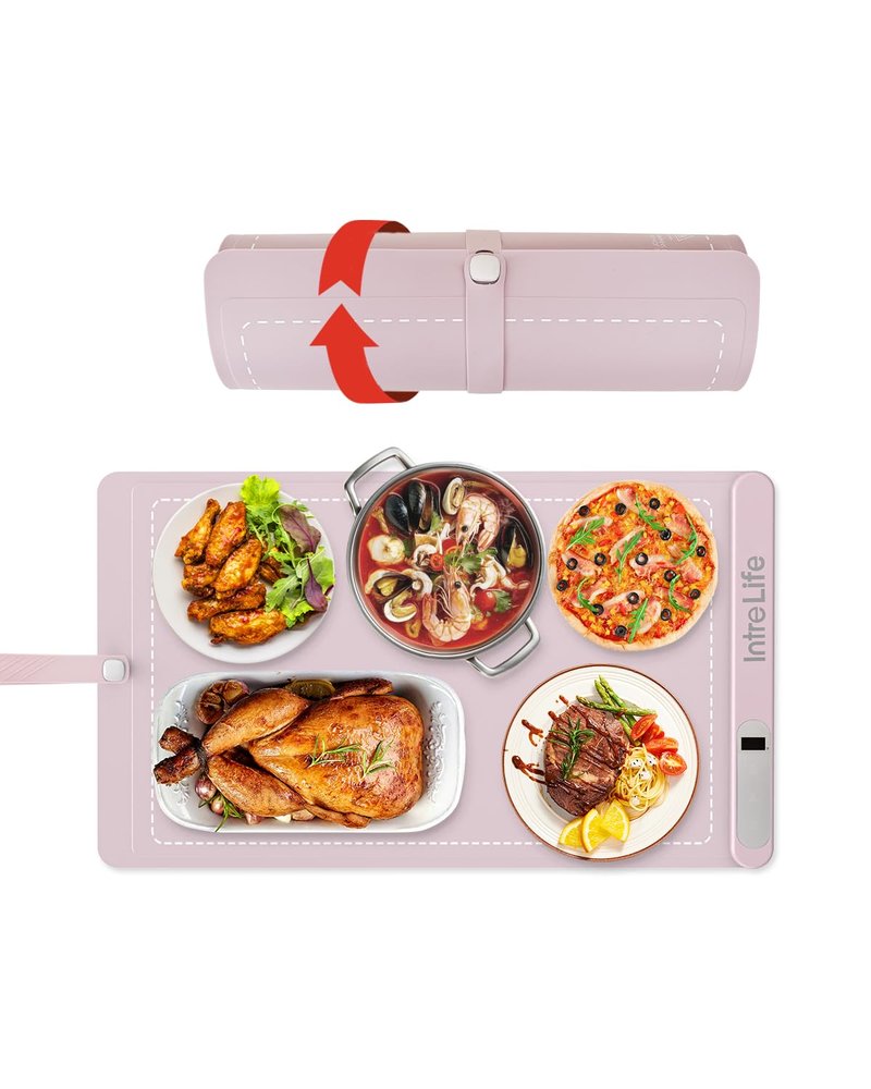 IntreLife Food Warming Mat, Upgraded Warming Mat for Food with Graphene Heating Film, Roll Up Electric Warming Tray with 7 Temperature Settings, Silicone Food Warmers for Parties and Buffet(Lilac)