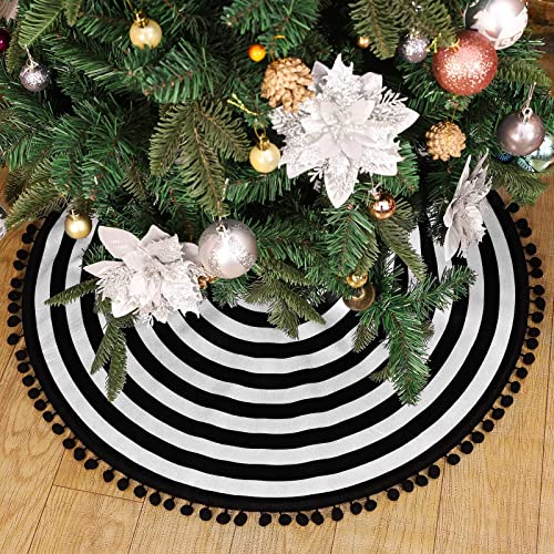 30-Inch Black and White Christmas Tree Skirt with Pom Pom Trim