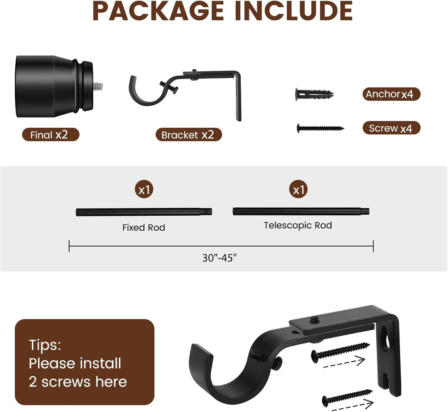 Skiennix Adjustable Curtain Rod - Heavy Duty 30-45 Inch Matte Black Splicing Metal for Windows