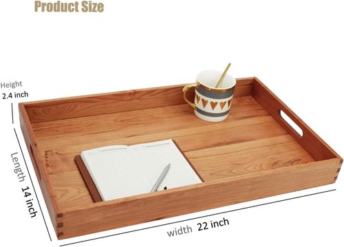 Cherry Wood Ottoman Tray - Large 22 x 14 Inches with Handles for Serving Tea, Coffee, or Breakfast