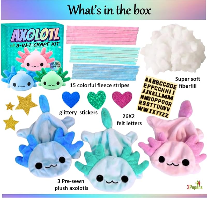 3-in-1 DIY Axolotl Plush Craft Kit, No-Sew Stuffed Animal Art Set for Kids
