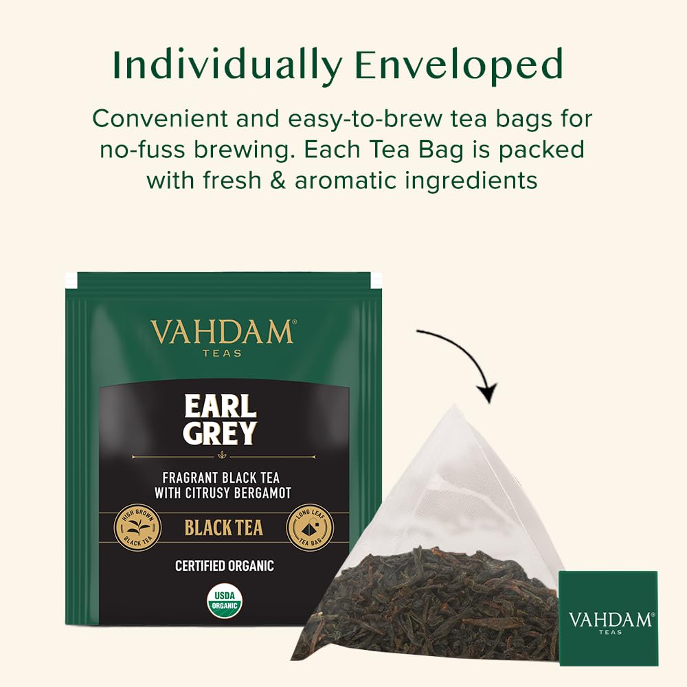 VAHDAM, Earl Grey Black Tea Bags (30 Count) Medium Caffeine, Non GMO, Gluten Free | Citrus Bergamot & Smooth | Resealable Ziplock Pouch | Individually Wrapped | Plant Based Tea Bags