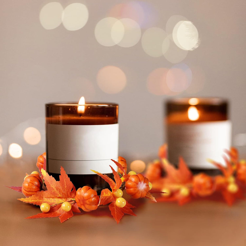 Skiennix Fall Candle Rings - Artificial Pumpkin & Maple Leaf Wreaths for Autumn Decor | 3.1" ID / 7" OD