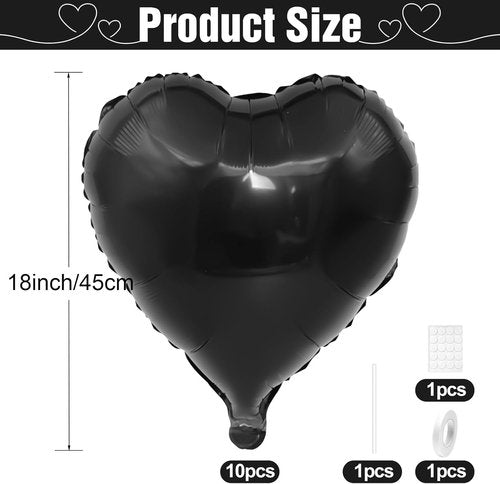 Black Heart | 10-Pack Foil Heart Balloons - 18-Inch Helium-Quality for Valentine's, Engagements & Weddings