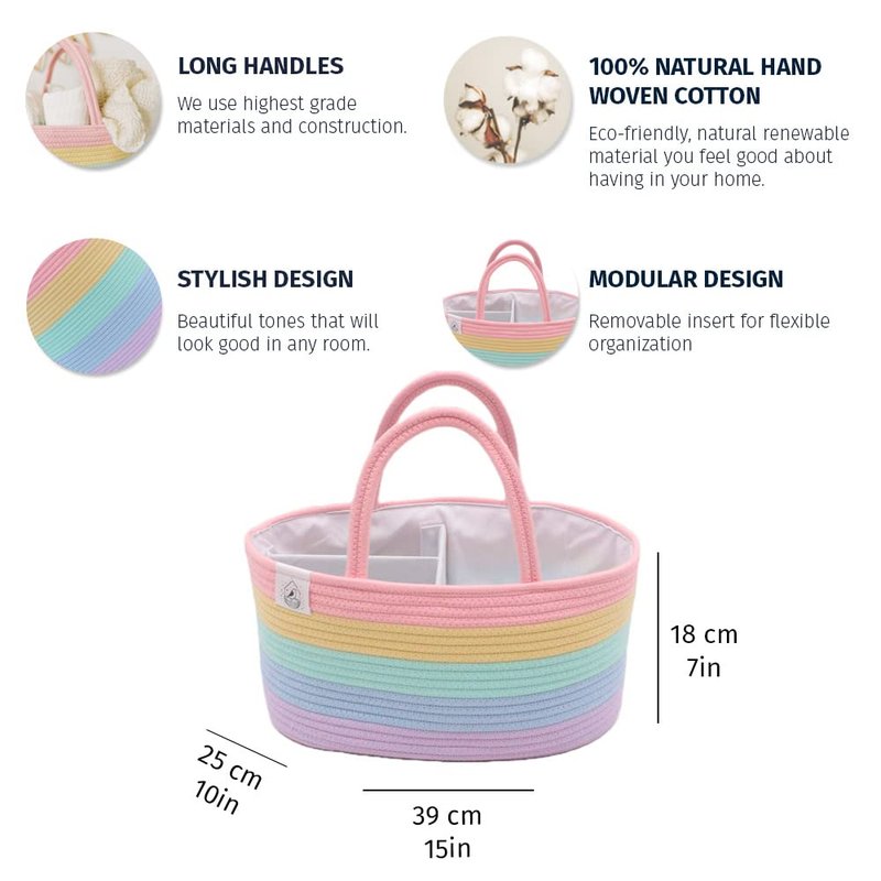 OrganiHaus Pastel Rainbow Nursery Storage Basket, Cotton Rope Toy & Diaper Caddy Organizer with Handles, Baby Diaper Organizer, Foldable Design, Machine Washable, Ideal for Baby Room & Laundry