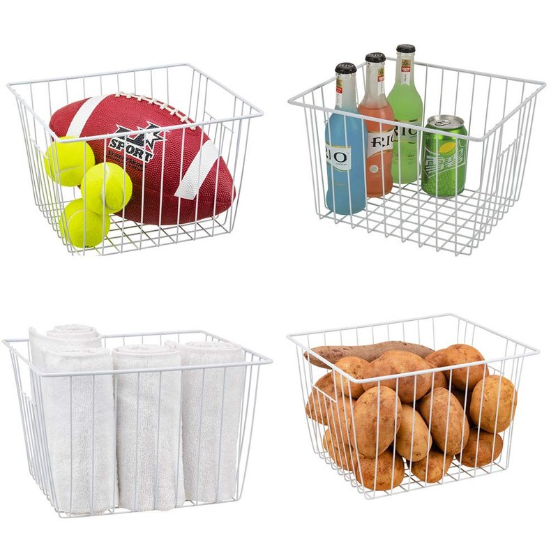 Y.Z.Bros Freezer Organizer Bin, Kitchen Metal Wire Storage Basket, Pantry Cupboard Household Container Divider with Handles, Bathroom, Closet, Bedroom, Office, Rustproof - White（4）