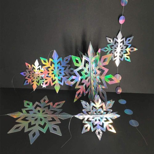 Cheerland Iridescent Snowflake Garland - Holographic 3D Streamers for Winter Wonderland Decor