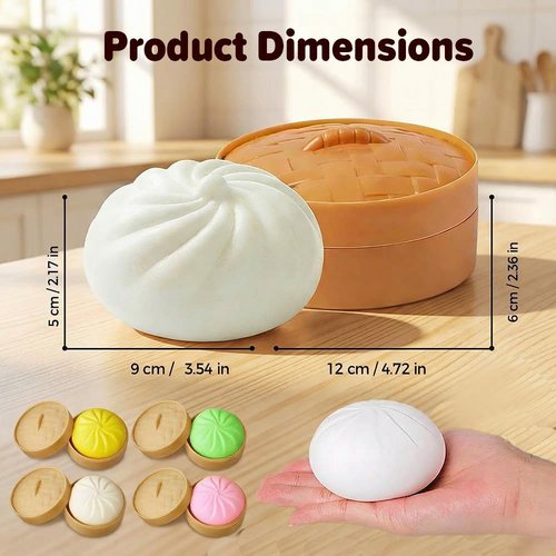Dumpling Squishies Stress Relief Balls - Handmade Fidget Toys with Steamer Case | Soft TPR Big Bun for Anxiety Relief (Pink)