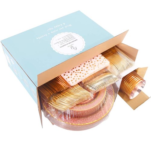 Nervure 175PCS Pink and Gold Plastic Plates - Pink Disposable Plates : 25 Dinner Plate,25 Dessert Plate, 25 Forks,25 Knives, 25 Spoons, 25 Cups,25 Napkins for Wedding & Party