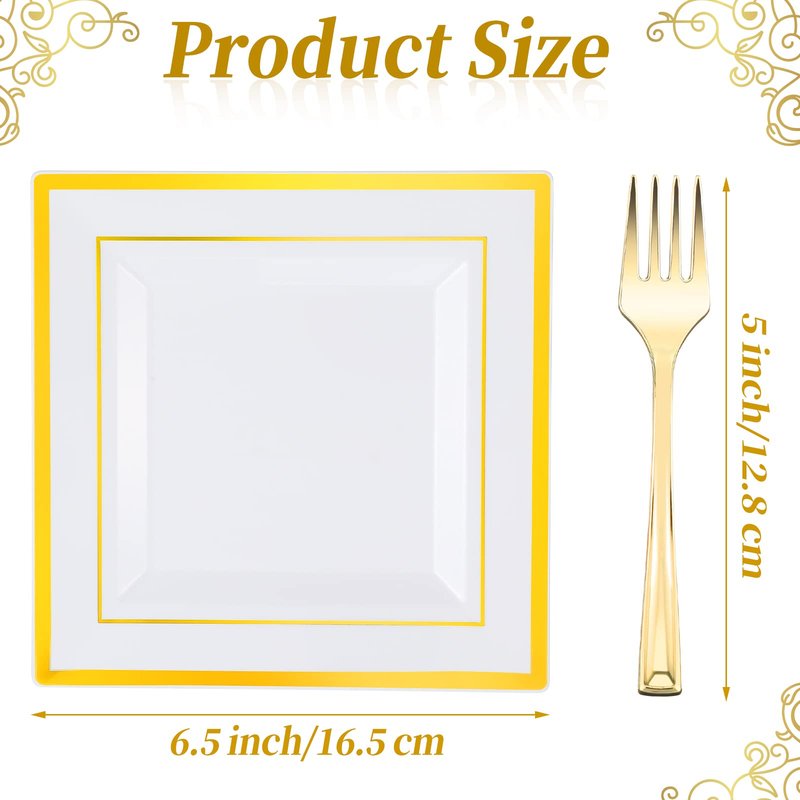 Gandeer 300 Pcs Square Plastic Plates with Forks Set Include 150 Disposable 6.5 Inch Dessert Plates Heavy Duty and 150 Plastic Appetizer Forks for 150 Guests Weddings Party Supplies(Gold)