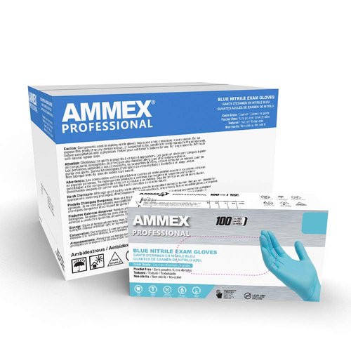 Ammex Blue Nitrile Disposable Exam Gloves, 3 Mil, Latex & Powder Free, Textured, Large, Case of 1000