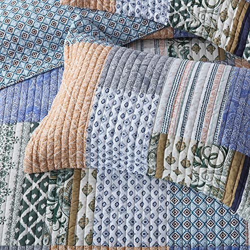 Cotton Bedspread Set - Queen Size Reversible Blue Floral Quilt