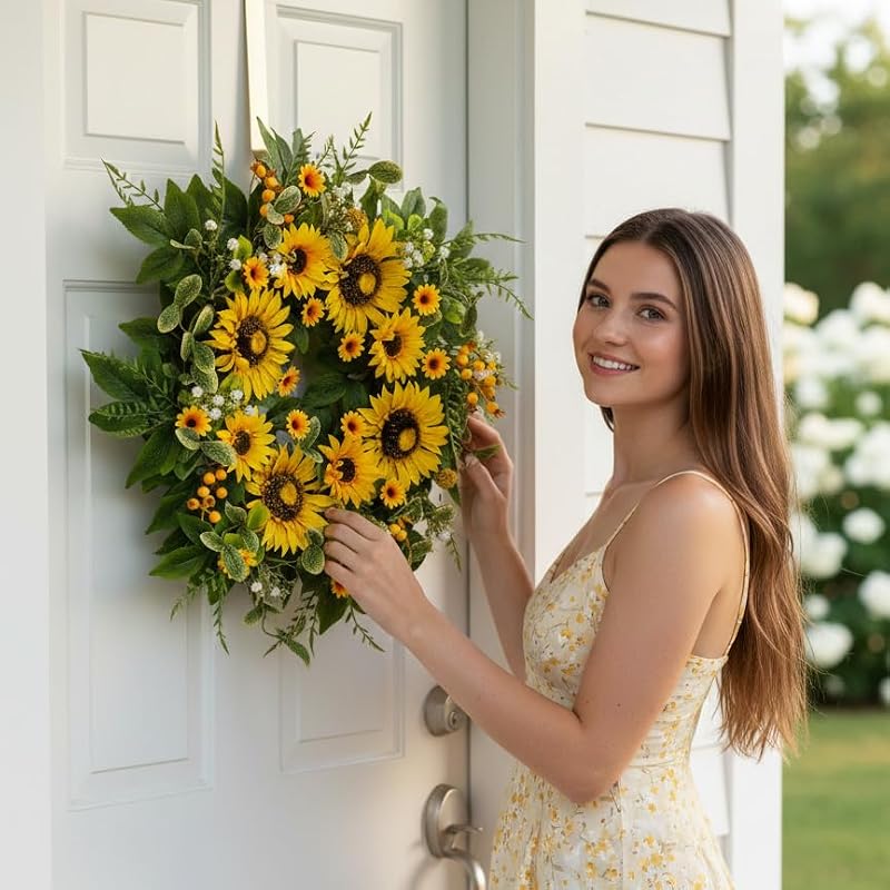 Sunflower Wreath for Front Door 24 Inch Spring Summer Outdoor Decor Handmade
